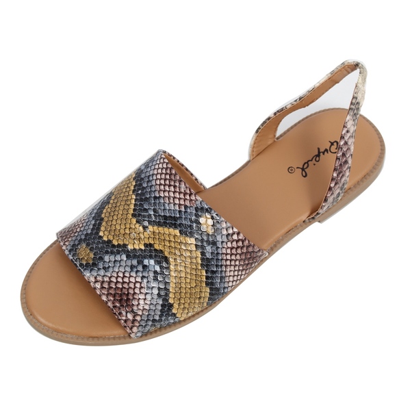 Tan Blue Snake Color Open Toe Flat  Slingback - Picture 3 of 7